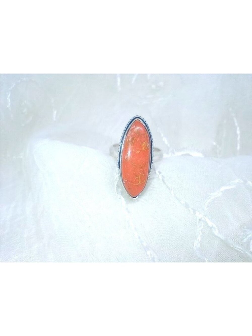 Sterling Silver Ring With Natural Orange/Red Coral Gemstone Size 7 Boho Jewelry - Picture 2 of 7